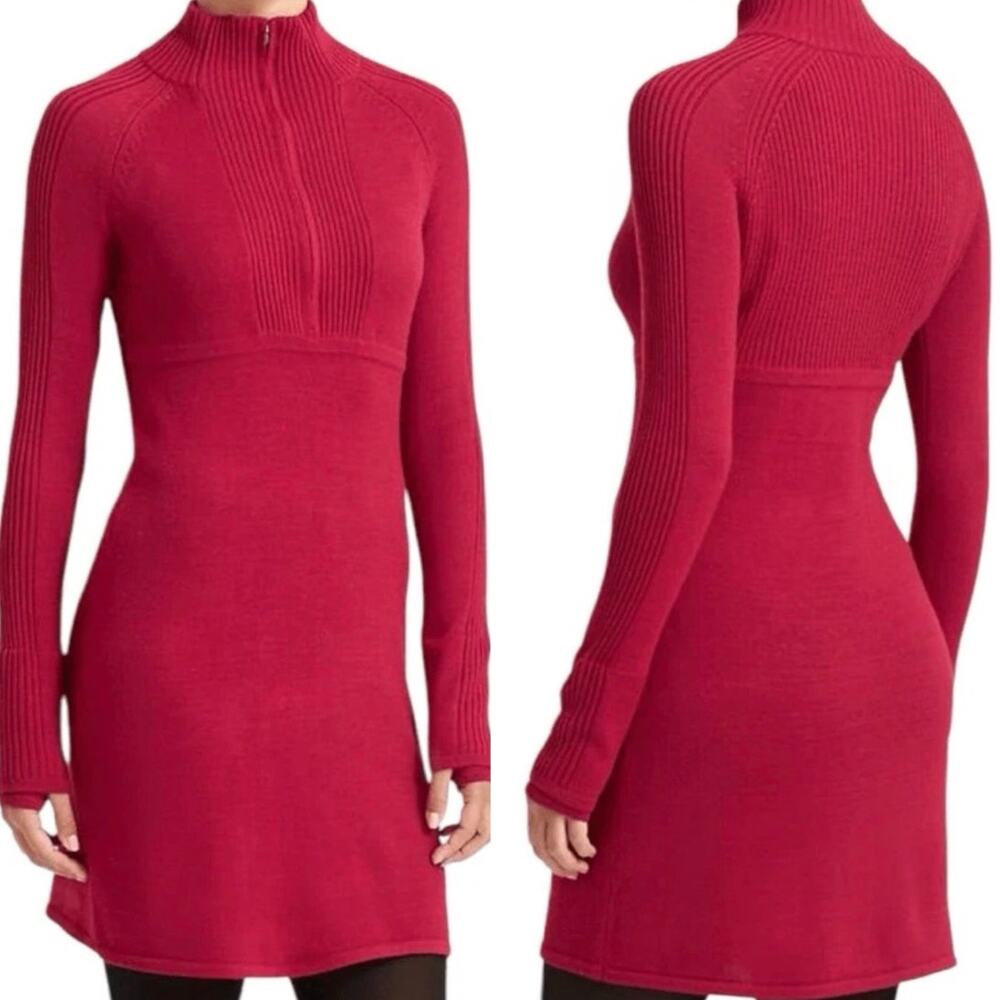 Athleta Olympia Sweater Dress Large Womens Claret Red Half Zip Wool Blend Knit
